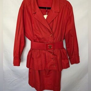 CHANEL Vintage 90s 3 Set - Red Button-Up Blazer & Skirt W/Removable Logo CC Belt